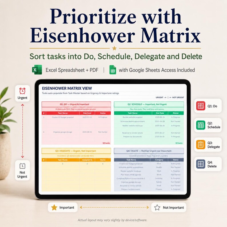 K&ouml;nnte beinhalten: Ein digitales Eisenhower-Matrix-Aufgabenverwaltungstool auf einem Tablet-Bildschirm. Die Benutzeroberfl&auml;che zeigt vier farbcodierte Quadranten mit den Bezeichnungen Do, Schedule, Delegate und Delete sowie Spalten f&uuml;r Aufgabenname, F&auml;lligkeitsdatum und Status.