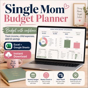 Peut inclure: Un ordinateur portable affiche un tableau de bord budgétaire avec des données financières. L'image présente un "Single Mom Budget Planner" avec le texte "Budget with confidence." On y trouve également une tasse, un carnet et des icônes pour le budget mensuel, le suivi hebdomadaire, le remboursement de la dette et le fonds d'urgence.