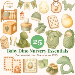 Op de afbeelding: Een verzameling aquarelillustraties met babykamerartikelen in dinosaurus-thema, waaronder een wieg, rompertje, sokken, slofjes, slabbetje, rammelaar, knuffel, eieren, vlaggetjes en blokken met de tekst 25 Baby Dino Nursery Essentials.