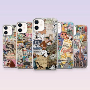 May include: A selection of clear phone cases with collage designs featuring Disney characters and logos. The cases display characters from various Disney films, including 101 Dalmatians, Mickey Mouse, and Cinderella.