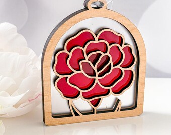 Carnation Ornament: January Birth Flower, Maple Wood Suncatcher