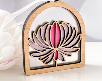 November Birth Flower Ornament: Chrysanthemum Design - Wood and Amber Acrylic Little Windows