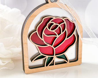 Rose June Birth Flower Ornament: Layered Wood & Acrylic (3.75")