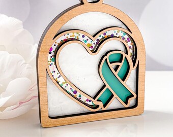 Ovarian Cancer Teal Ribbon Ornament, Heart Shape (Wood & Acrylic) Little Windows