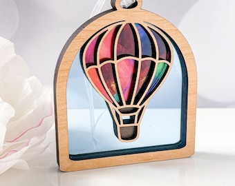 Whimsical Hot Air Balloon Ornament - Stained Glass Inspired Wood Design Little Window