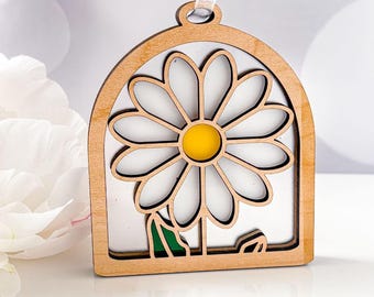Daisy Birth Flower Ornament, Wood & Acrylic (April Birthday) Little Windows