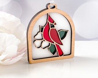 Cardinal Memorial Ornament: Handmade Wood and Acrylic Window Suncatcher