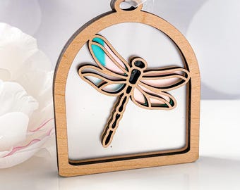 Dragonfly Suncatcher Ornament: Stained Glass Style Wood and Acrylic Little Windows