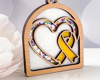 Yellow Ribbon Window Ornament: Support and Awareness (Handmade Wood)