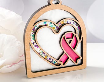 Pink Ribbon Suncatcher Ornament: Breast Cancer Awareness, Maple Wood