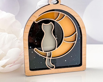 Cat in the Moon Suncatcher, Wood and Acrylic Whimsical Design (3.75") Little Window