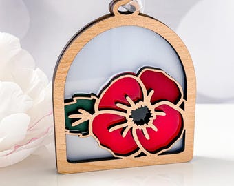 Remembrance Day Poppy Ornament: Wood and Red Acrylic Suncatcher