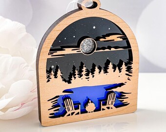 Lake Lover Wood Ornament, Stained Glass Style Blue Acrylic (Handmade Canada) Little Windows