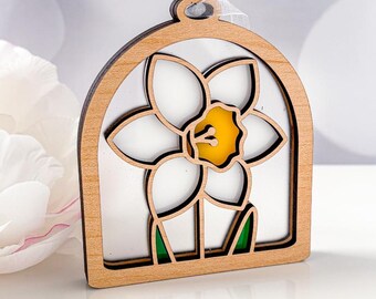 Narcissus December Ornament : Stained Glass Inspired Wood & Acrylic
