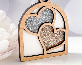 Double Heart Suncatcher Ornament: Wood and Pink Acrylic Keepsake Little Windows