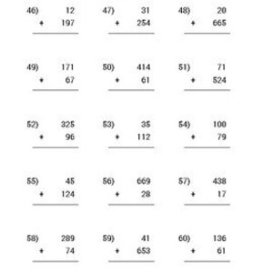 May include: A worksheet with 10 addition problems. Each problem has two numbers to be added together. The numbers range from 12 to 665.