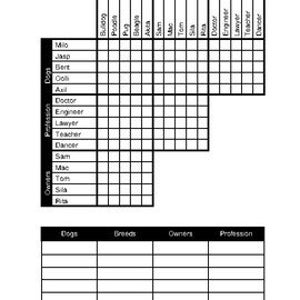 May include: A black and white logic puzzle grid with the headings "Breeds", "Owners", and "Profession". The grid includes names like "Milo", "Jasp", "Bent", and "Coll", along with professions such as "Doctor" and "Engineer".