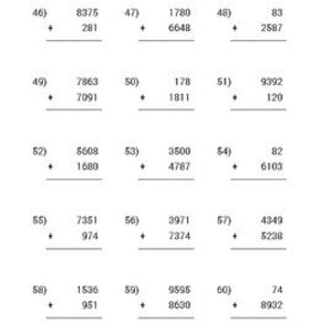 May include: A worksheet with 10 addition problems. Each problem has two numbers to be added together. The numbers range from 74 to 9595.