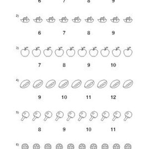May include: A worksheet with six rows of images and numbers. Each row shows a different image repeated multiple times, with the number of images increasing from left to right. The numbers below each row indicate the quantity of images.