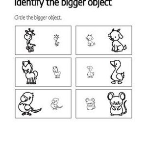 Może przedstawiać: Arkusz pracy z czarno-białą ilustracją sześciu par zwierząt. Większe zwierzę w każdej parze jest zakreślone. Zwierzęta obejmują żyrafę, kozę, konia, gęś, papugę i mysz.