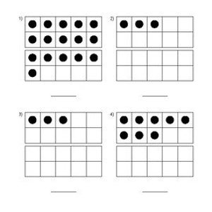 Könnte beinhalten: Ein Arbeitsblatt mit vier Zehnerrahmen. Jeder Rahmen enthält schwarze Punkte, die Zahlen darstellen. Der erste Rahmen enthält 17 Punkte, der zweite 6 Punkte, der dritte 4 Punkte und der vierte 11 Punkte.