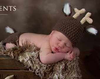 Newborn Crochet Deer Hat and Diaper Cover- Baby Hat, Deer hat, Photo Prop Baby Boy Girl