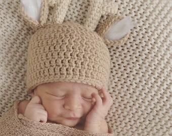 Newborn Crochet Deer Hat Photo Prop Baby Boy Baby Girl Animal Hat Knit Hat White Tail Deer Hat