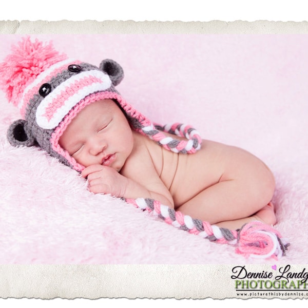 Recién nacido Crochet Pink Sock Monkey Hat Animal Hat Monkey Hat Photo Prop