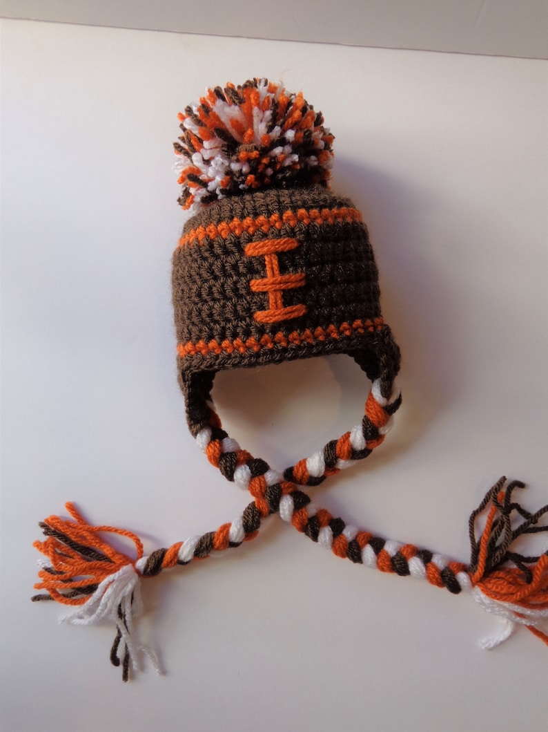 Newborn Crochet Football Hat Cleveland Browns Photo Prop Knit Hat Brown Orange