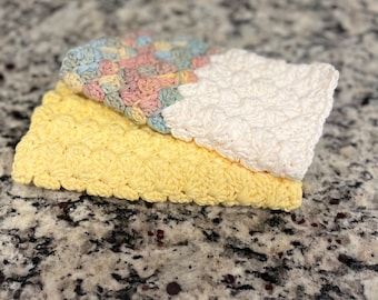 Ready to Ship Handmade Crochet Thick Textured Dishcloths Kitchen Cloths Set of 2 100% Cotton Farmhouse Eco Friendly Reusable