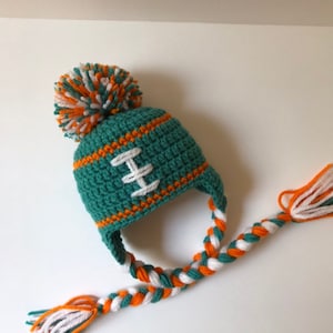 Newborn Crochet Football Hat Miami Dolphins Photo Prop Knit Hat Green Orange White