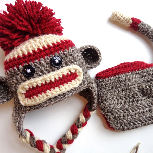 Newborn Classic/ Traditional Brown Sock Monkey Hat and Diaper Cover