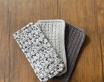 8in sq- Set of 3 Crochet Dish Cloth- 100% Cotten -Dish Cloths-Knit Dish Cloths-Crochet Dish Cloth-Wash Cloth- gray