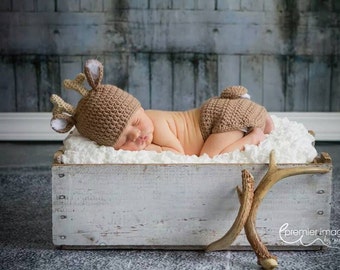 Newborn Crochet White Tail Deer Hat and Diaper Cover- Photo Prop Baby Boy Girl Reindeer Hat