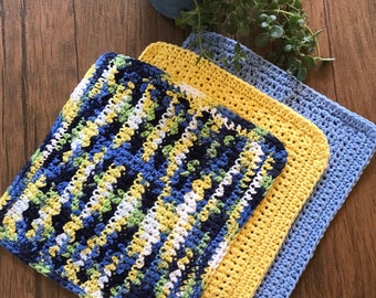 Set of 3 Crochet Dish Cloth- 8in Square- 100% Cotton-Dishcloths-Knit Dish Cloths-Crochet Dish Cloth-Wash Clothk