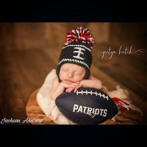 Newborn Crochet Football Hat New England Patriots Photo Prop Baby boy baby girl Red White Blue