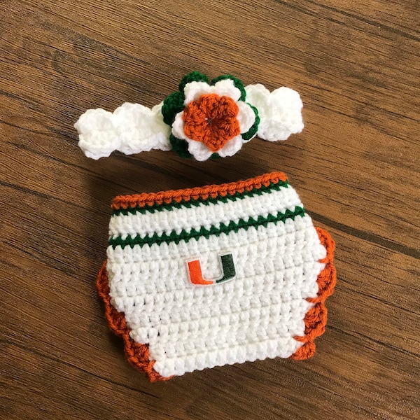 Newborn Crochet University of Miami Hurricanes Headband and Diaper Cover Baby Girl Photo Prop