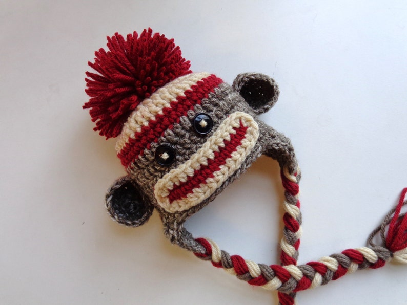 Classic/ Traditional Sock Monkey Crochet Newborn Hat Photo prop Baby Girl Baby Boy Knit Hat image 4