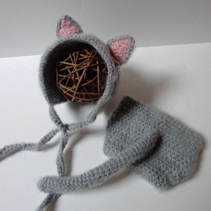 Newborn Crochet Gray Cat Bonnet and Diaper Cover, Cat Hat, Knit Hat, Kitten Hat, Photo prop, Baby Girl, Baby Boy