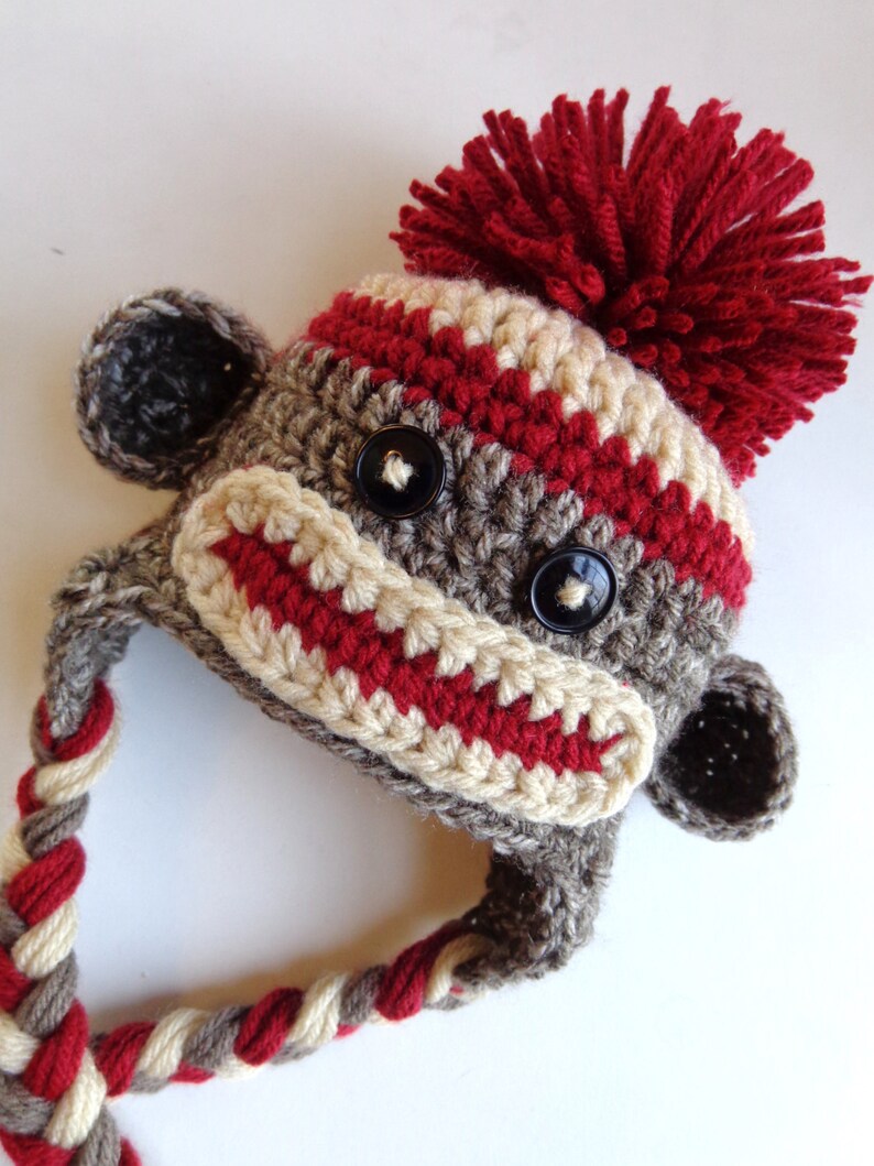 Classic/ Traditional Sock Monkey Crochet Newborn Hat Photo prop Baby Girl Baby Boy Knit Hat image 6