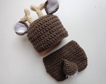 Newborn Crochet Deer Hat and Diaper Cover- Baby Hat, Deer hat, Photo Prop Baby Boy Girl