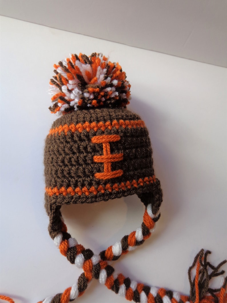 Newborn Crochet Football Hat Cleveland Browns Photo Prop Knit Hat Brown Orange
