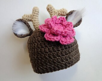 Crochet Newborn Deer Hat, Photo Prop, baby girl hat, deer hat
