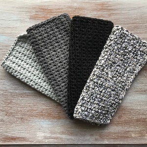 Set of 4 Crochet Dishcloths-7&quot; square- 100% Cotton-Dish Cloths-Knit Dish Cloths-Crochet Dish Cloth-Wash Cloth Gray Black