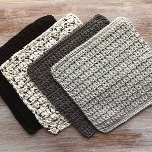 Set of 4 Crochet Dish Cloths-7"square- Set of 4 Crochet-100% Cotton-Dish Cloths-Knit Dish Cloths-Crochet Dish Cloth-Wash Cloth- Gray Black