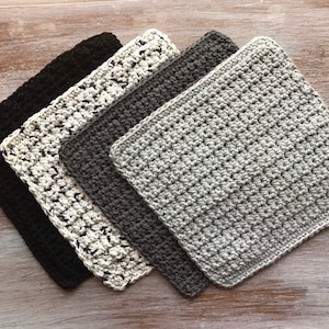 Set of 4 Crochet Dishcloths -7&quot;square- Set of 4 Crochet-100% Cotton-Dish Cloths-Knit Dish Cloths-Crochet Dish Cloth-Wash Cloth- Gray Black