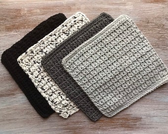 Set di 4 strofinacci all'uncinetto- 7" quadrati -100% cotone-strofinacci-strofinacci a maglia-strofinaccio all'uncinetto-lavare panno grigio nero