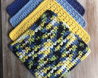 Set of 4 Crochet Dishcloths 7" square- Set of 4 Crochet-100% Cotton-Dish Cloth-Knit Dish Cloth-Crochet Dish Cloth-Wash Cloth Blue  yellow