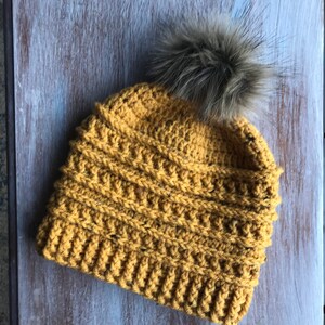 Ready to Ship Women Teen Beanie Mustard Yellow Hat Faux Fur Pom Pom Hat Slouch Hat Knit Hat Crochet Hat Winter Hat Chunky Hat Slouchy Beanie