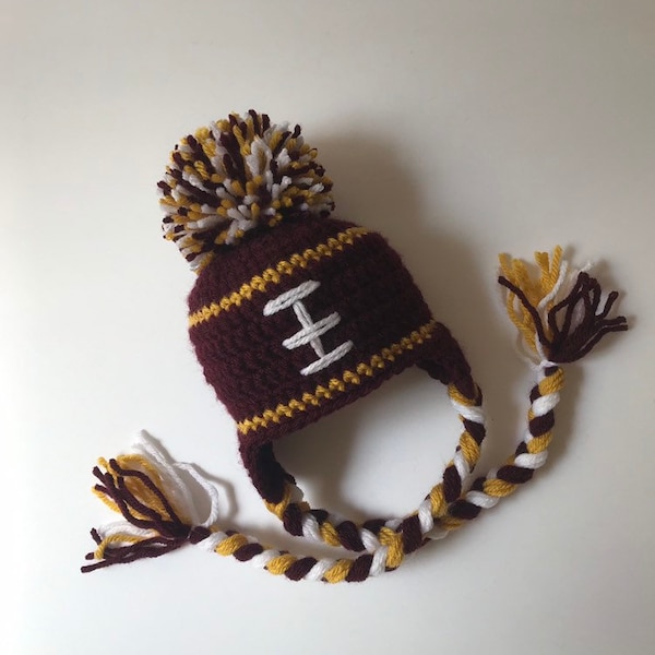 Chapeau de football au crochet pour nouveau-né Washington Commanders Photo Prop Knit Hat Gold Burgundy